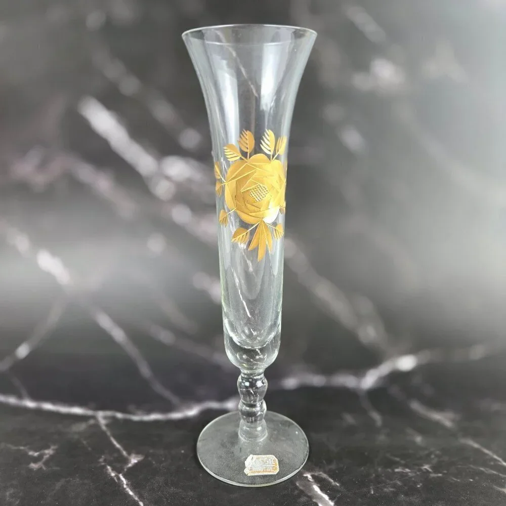 Vintage Ransgil Crystal Bud Vase Gold Gilt Rose on Front 1940's-1950's MCM